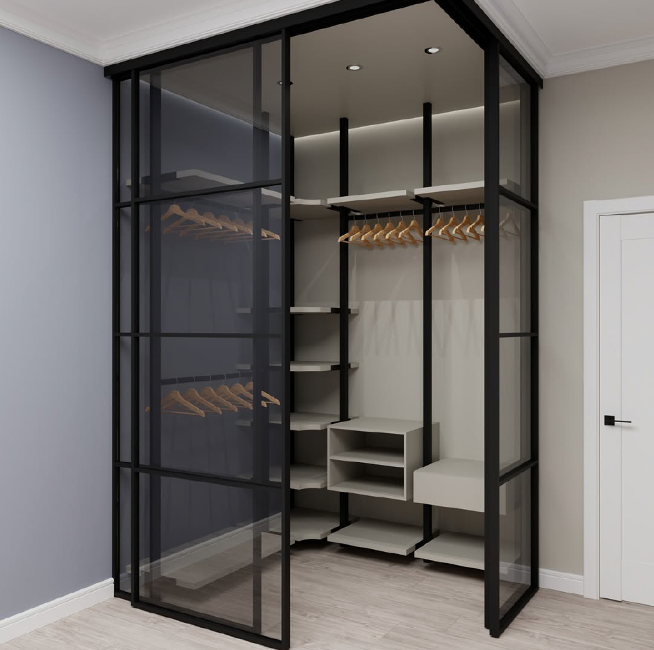 3D рендер современного шкафа со стеклянными дверями